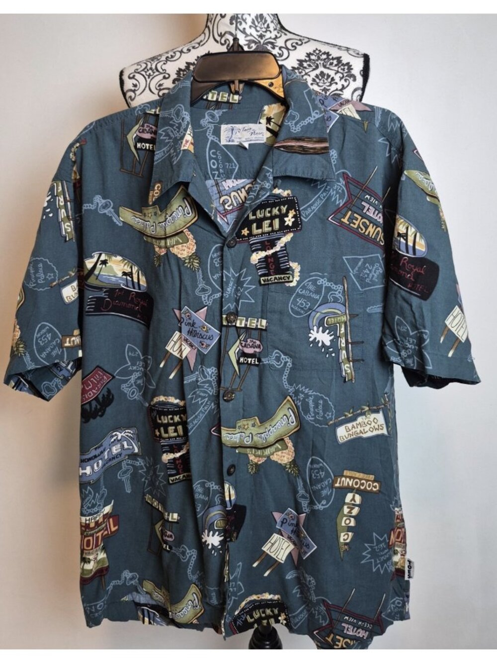Vintage Toes on the Nose Hawaiian Shirt L Teal Aloha Resort Motel Print